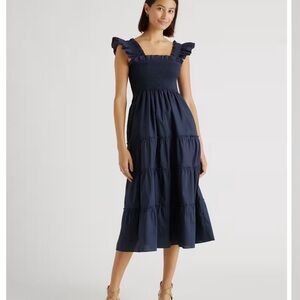 Quince Navy Smocked Ruffle-Strap Tiered Midi Dress